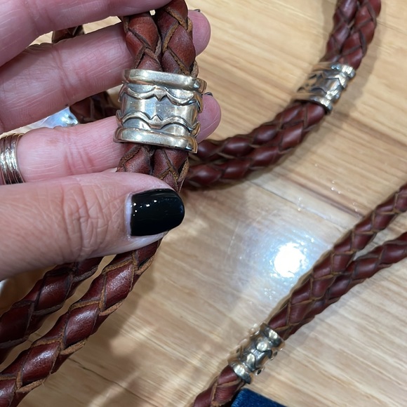 Vintage leather rope braided tie belt brown silver tone details medium large - Picture 8 of 12